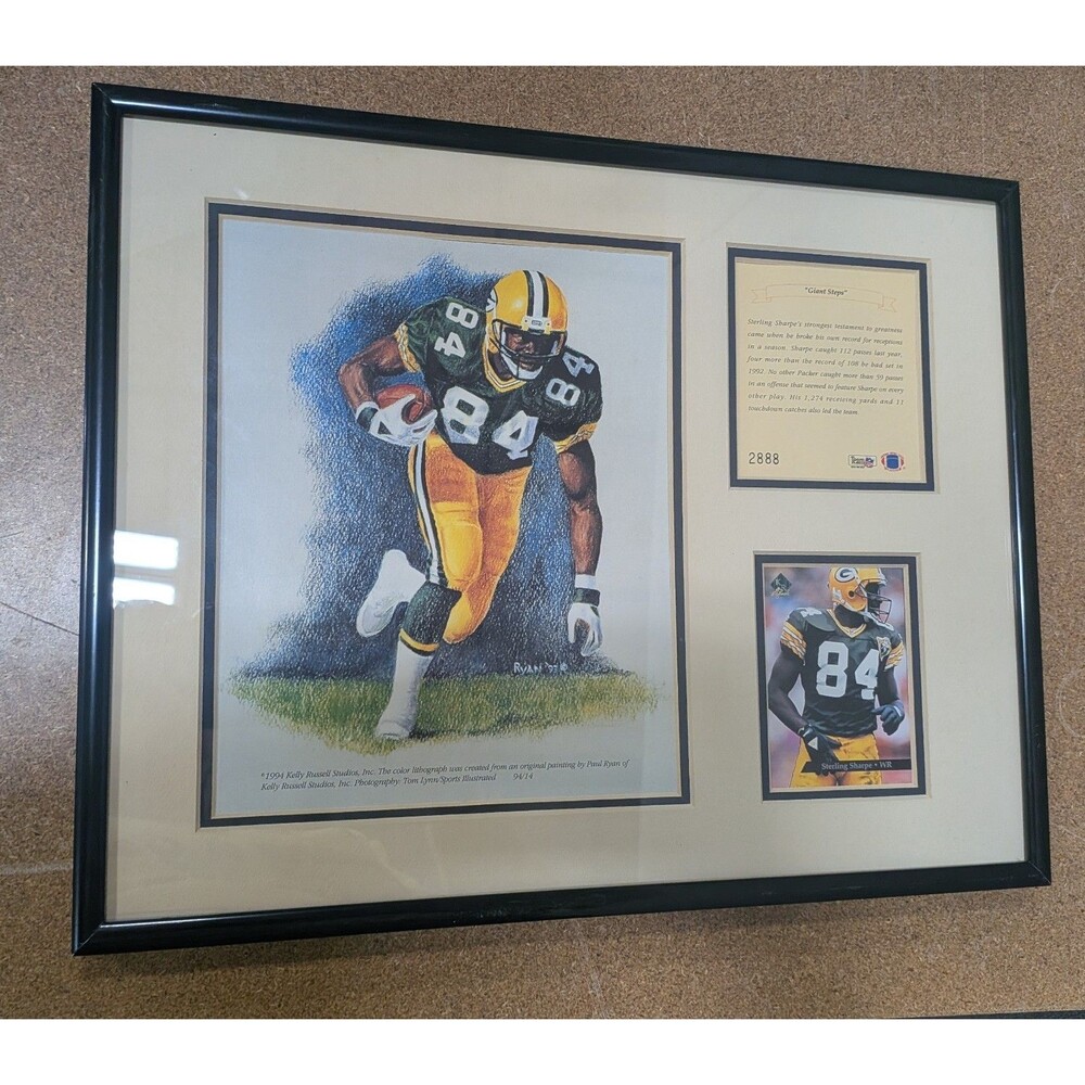 1994 Sterling Sharpe "Giant Steps" Lithograph Framed Green Bay Packers/Card
